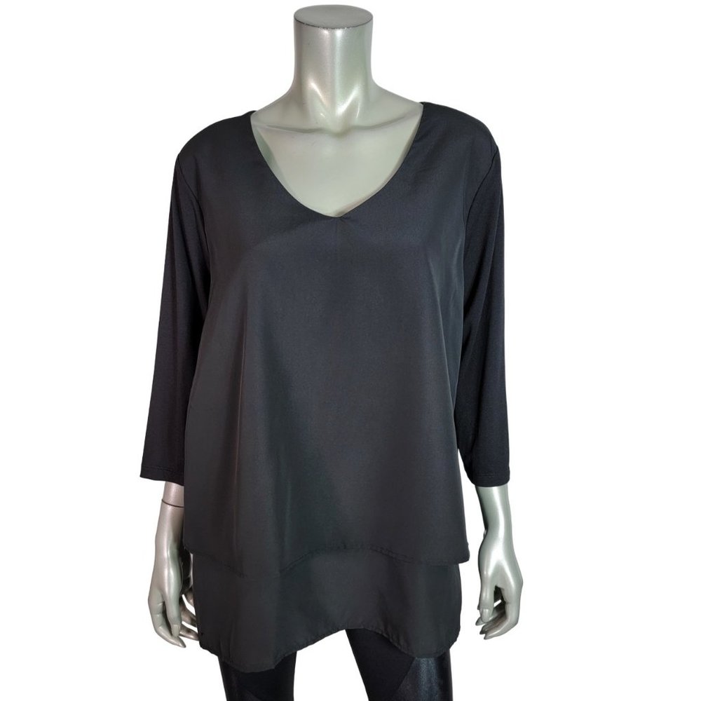 DG2 Diane‎ Gilman Top Plus Size 1X V-Neck 3/4 Sleeve Tiered Stretch Black NWT